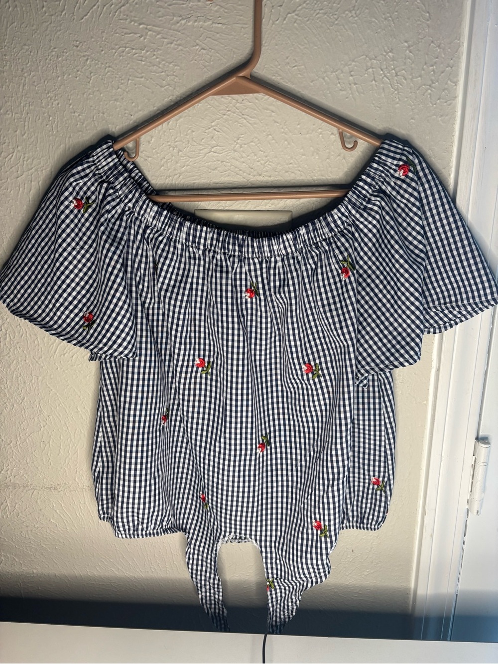 Roommates Navy & White Gingham Off-Shoulder Top with Cherry Embroidery